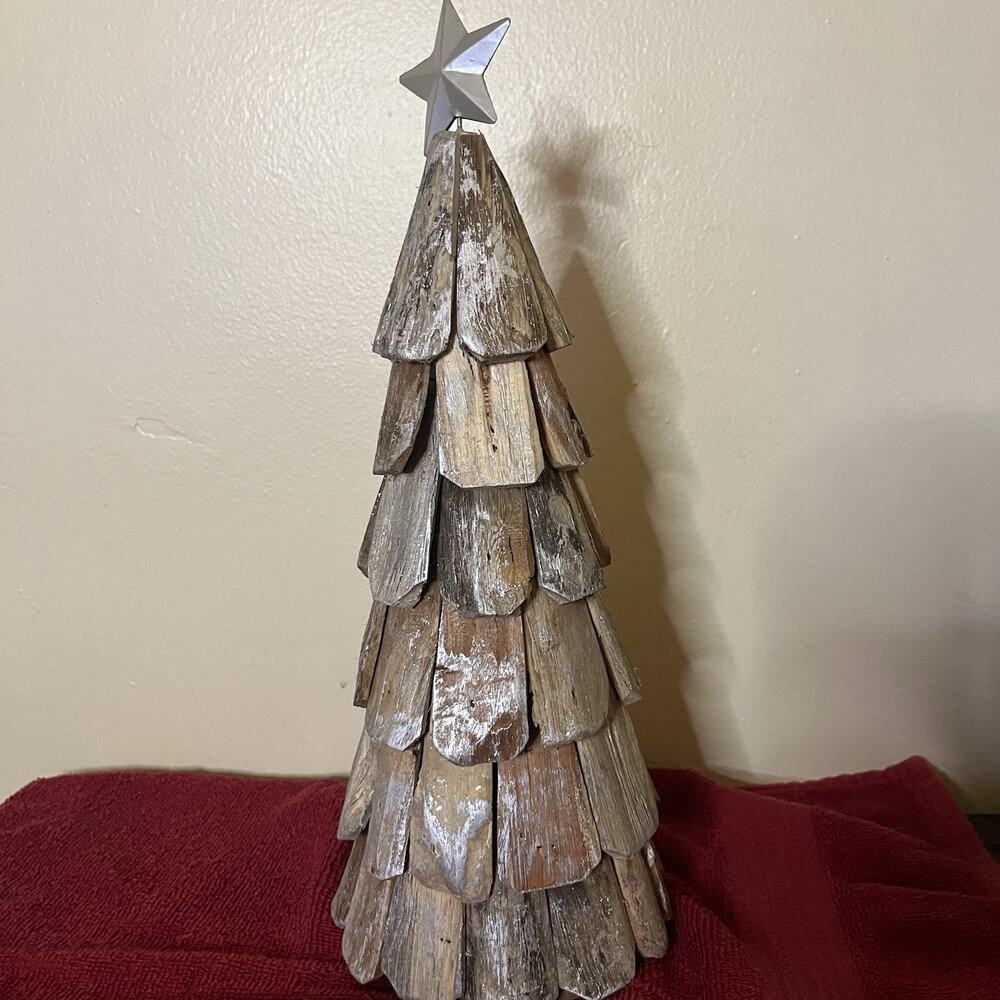 Christmas Handcrafted Tabletop Tree 14 Inches Rustic Wood With Silver Accents - Picture 4 of 9